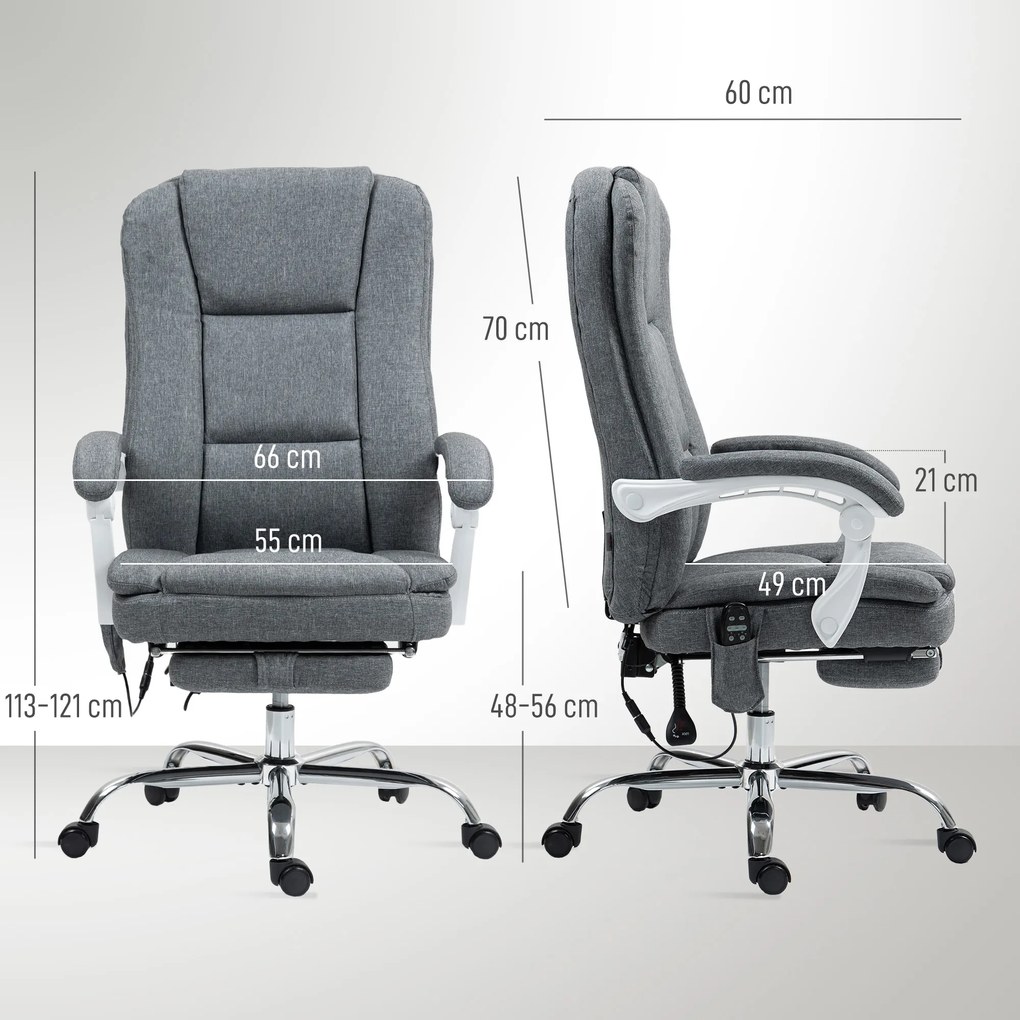HOMCOM Scaun de Birou Masaj cu 6 Puncte, Încălzire și Suport pentru Picioare, Scaun Ergonomic Rabatabil Rotativ din Stofă Tip In Respirabil cu Telecomandă și Înălțime Reglabilă, Gri | Aosom Romania