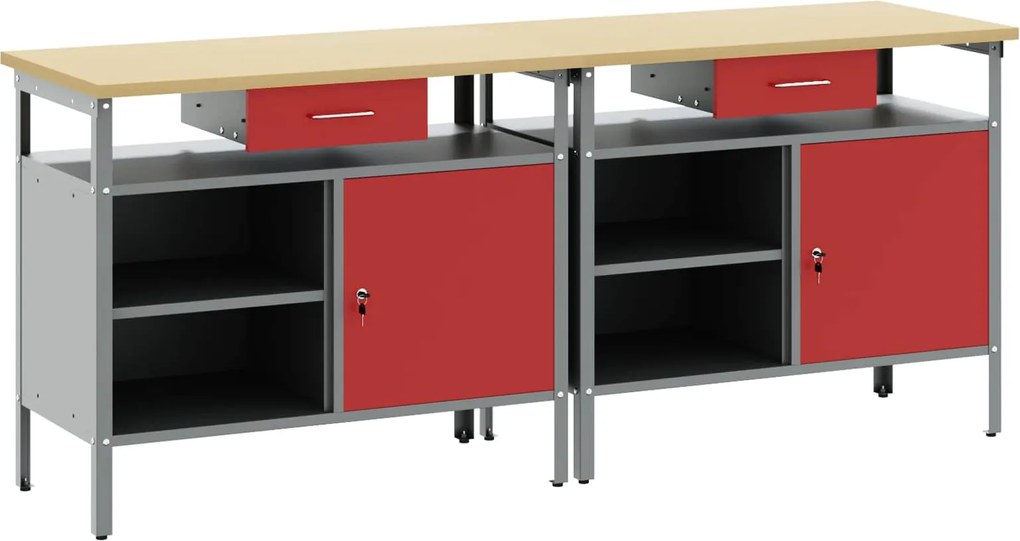 vidaXL Set banc de lucru cu sertar 2 pcs Roșu și gri 200 x 55 x 85 cm