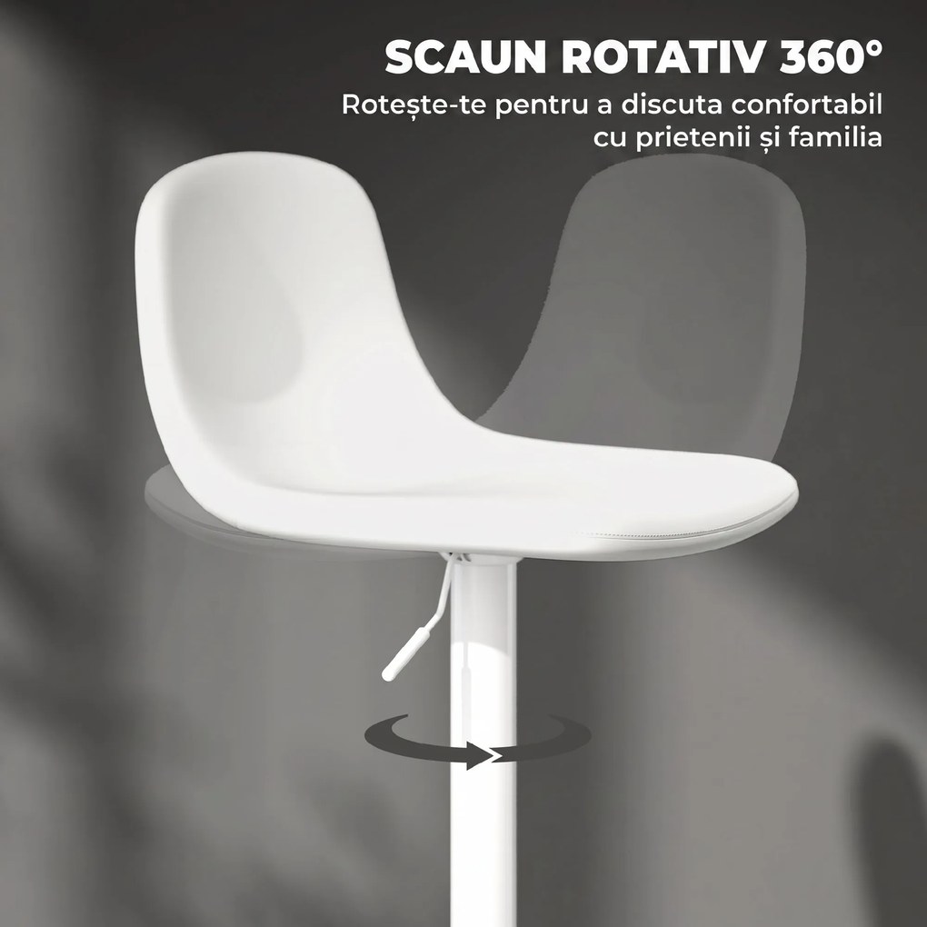 HOMCOM Set 2 Scaune de Bar cu Spătar și Suport pentru Picioare, Înălțime Reglabilă, Piele Ecologică PU, Alb | Aosom Romania