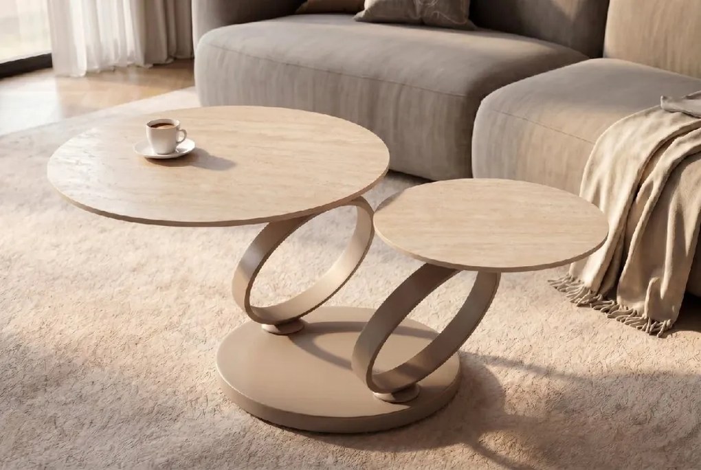 Masuta de cafea moderna cu doua blaturi rotative din ceramica DANCING RINGS 80-135cm