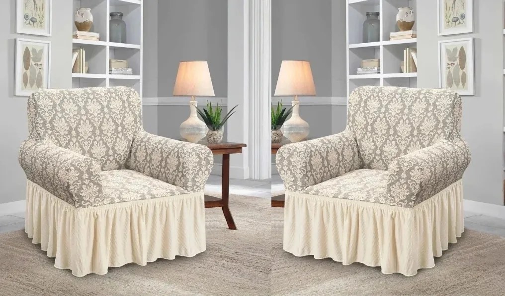 Set 2 Huse elastice pentru fotolii, cu volanas si model Jacquard Bej Deschis