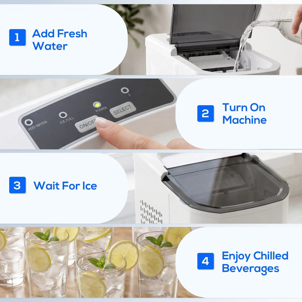 HOMCOM Mașină de Gheață cu Curățare Automată 12 kg/24H 9 Cuburi Gata în 7 Minute 2 Mărimi de Gheață 1,5L Rezervor Alb | Aosom Romania