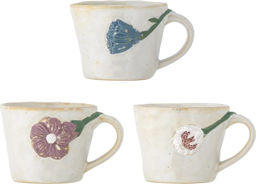 Set 3 căni din ceramică gri, lucrate manual, cu motive florale în relief, „Loua", 9 x 7,5 cm
