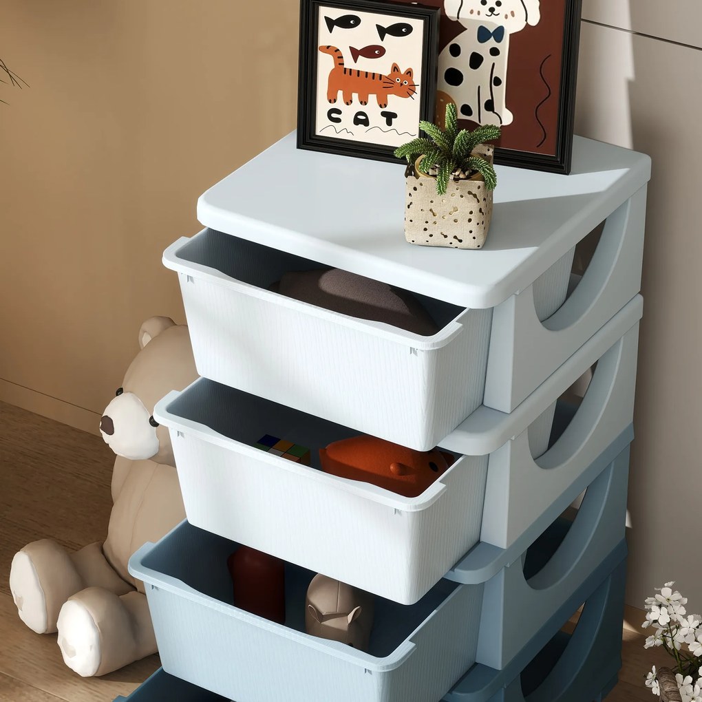 HOMCOM Cutii de depozitare pentru copii, 4 sertare, margini rotunjite, design ridicat, plastic, albastru | Aosom Romania