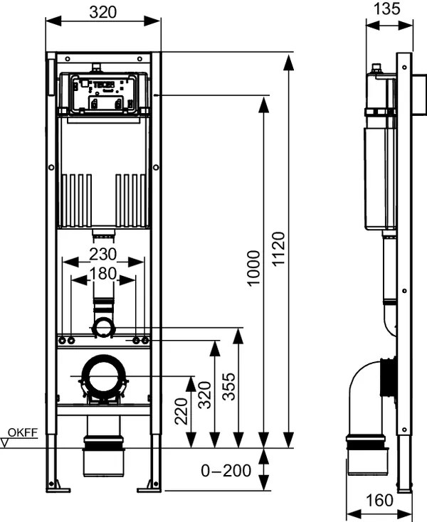 Rezervor incastrat pentru vase wc suspendate, 112 cm inaltime, TECE Base320