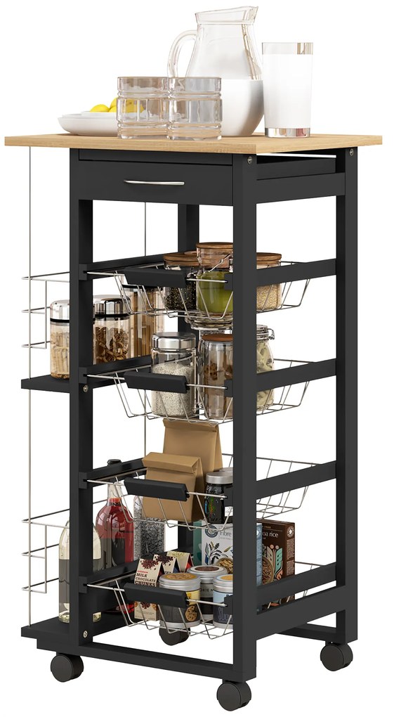 HOMCOM Carucior de Bucătărie cu Roți Carucior Multiusos cu Sertar 4 Coșuri Detașabile de Metal și Rafturi 47x37x83 cm Negru | Aosom Romania