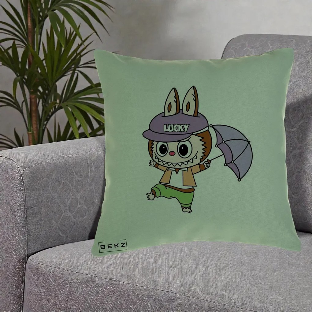 Perna Personalizata Labubu Lucky cu Umbrela, 40x40 cm, Verde, Husa Detasabila, Perna Inclusa, BEKZ®