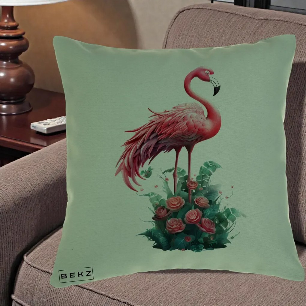 Perna Decorativa Flamingo cu Trandafiri Tropicali, 40x40 cm, Verde, Husa Detasabila, Perna Inclusa, BEKZ®