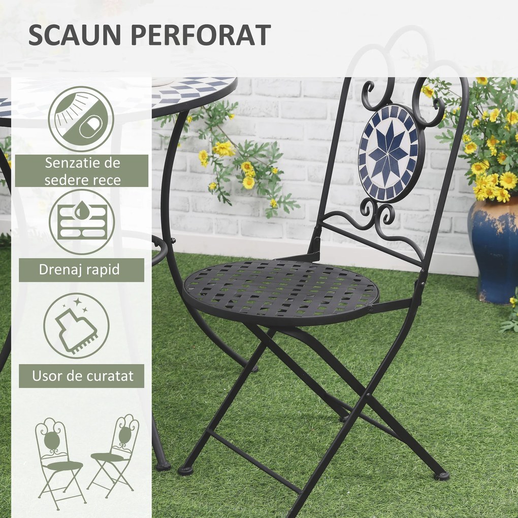 Set de Gradina cu 2 Scaune Pliante si 1 Masuta Outsunny, Metal si Piatra | Aosom Romania