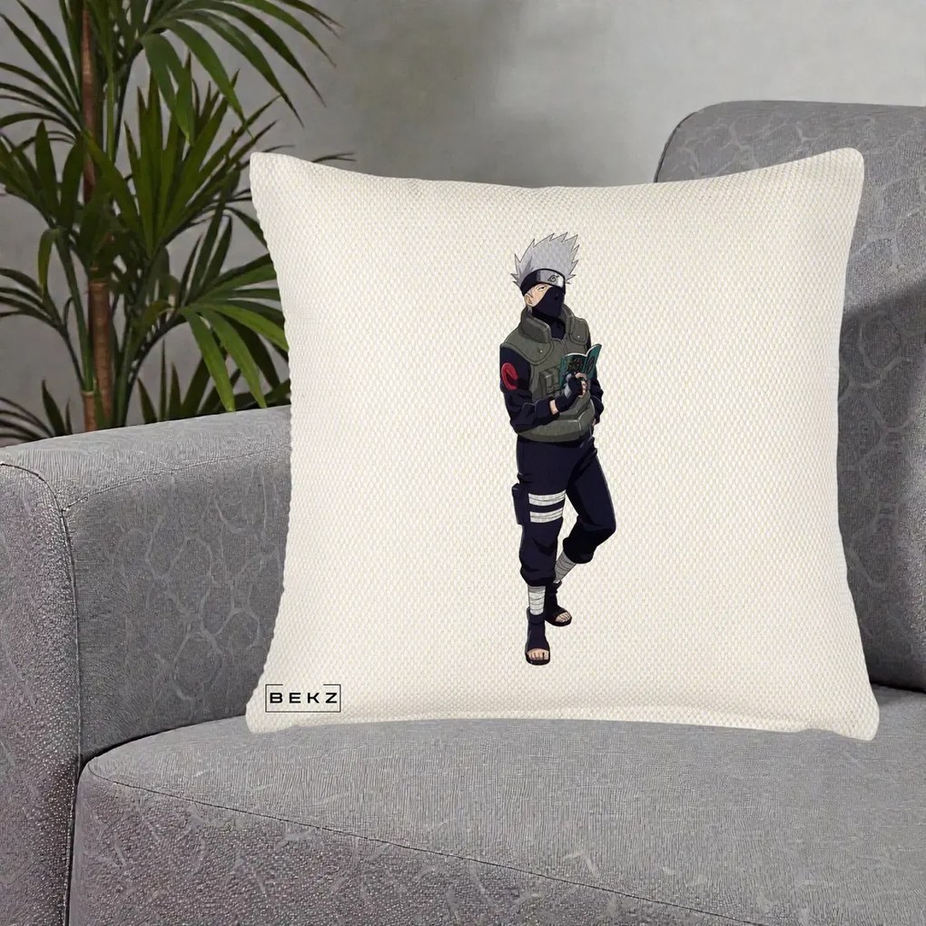 Perna Personalizata Naruto Kakashi Hatake Portret Complet, 40x40 cm, Crem Reliefat, Husa Detasabila, Perna Inclusa, BEKZ®