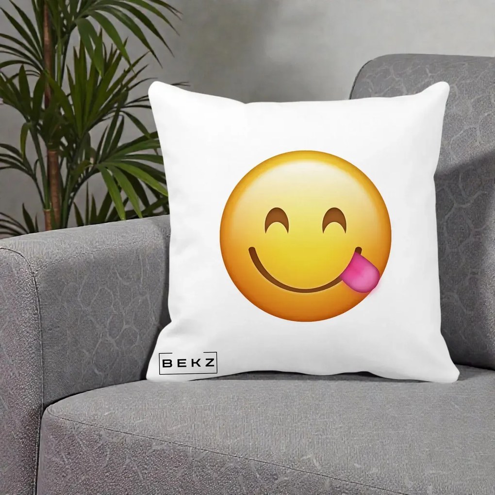 Perna Decorativa Emoji Limba Scoasa, 40x40 cm, Alba Mata, Husa Detasabila, Perna Inclusa, BEKZ®