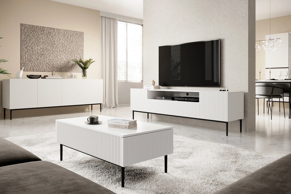 Comodă Nicole 200 cm cu patru uși, fronturi riflate - alb mat / picioare negre