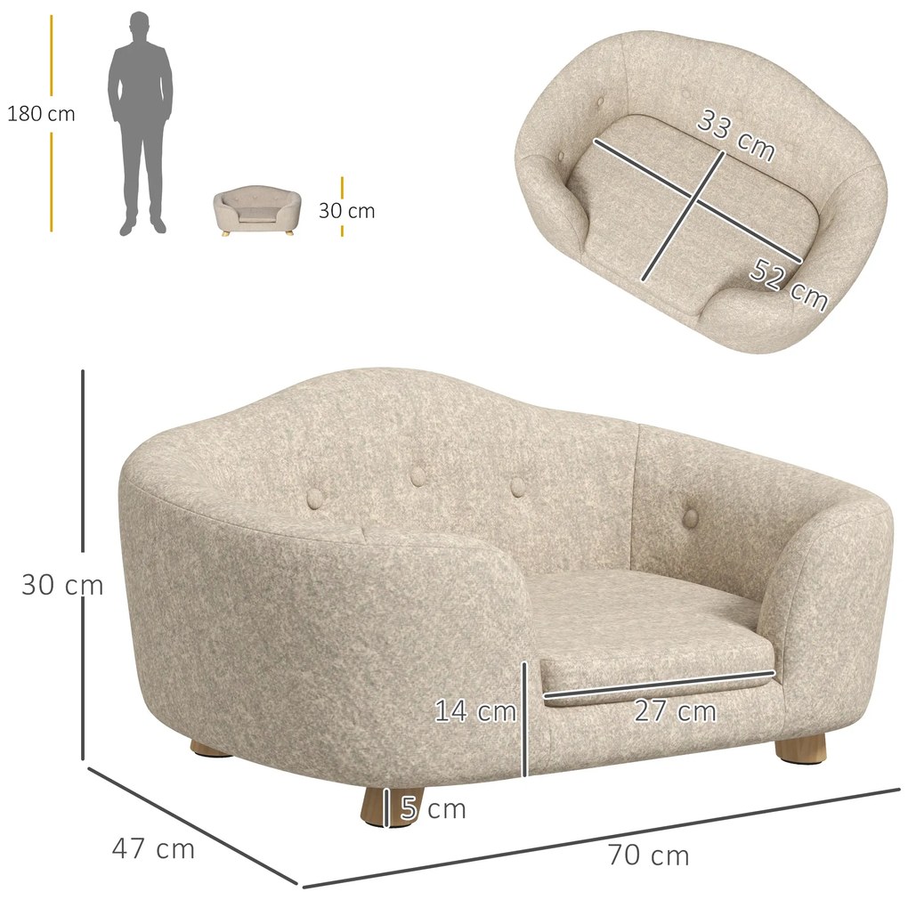 PawHut Canapea pentru animale de companie, Pat pentru câini, Canapea pentru câini, Canapea pentru pisici cu pernă și buzunar posterior, Pluș, Spumă, Lemn de pin, Crem, 70 x 47 x 30 cm | Aosom Romania