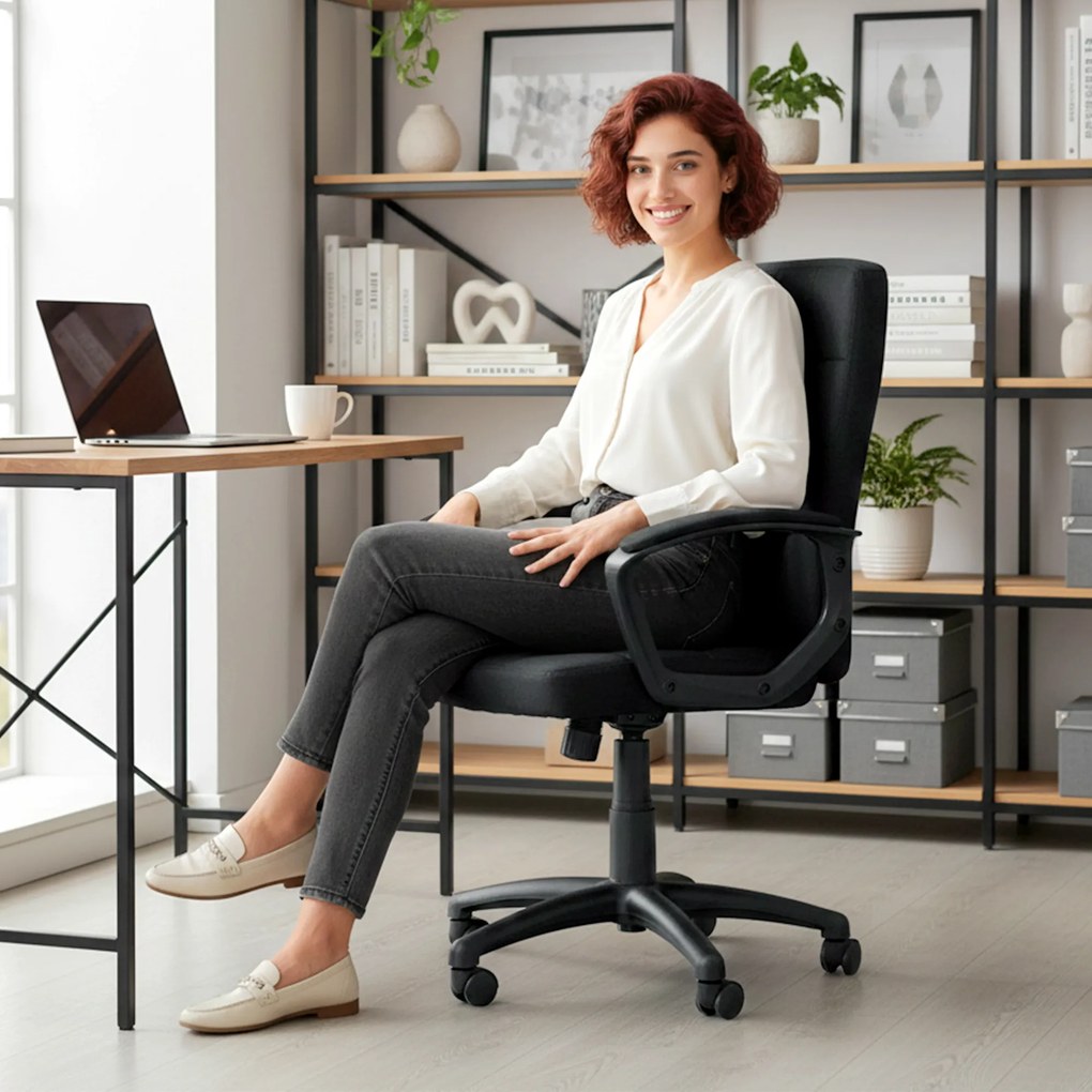 Vinsetto Scaun de birou rotativ tapițat în stofă cu aspect de in sintetic, înălțime reglabilă, basculant, spătar mediu, cotiere, negru | Aosom Romania