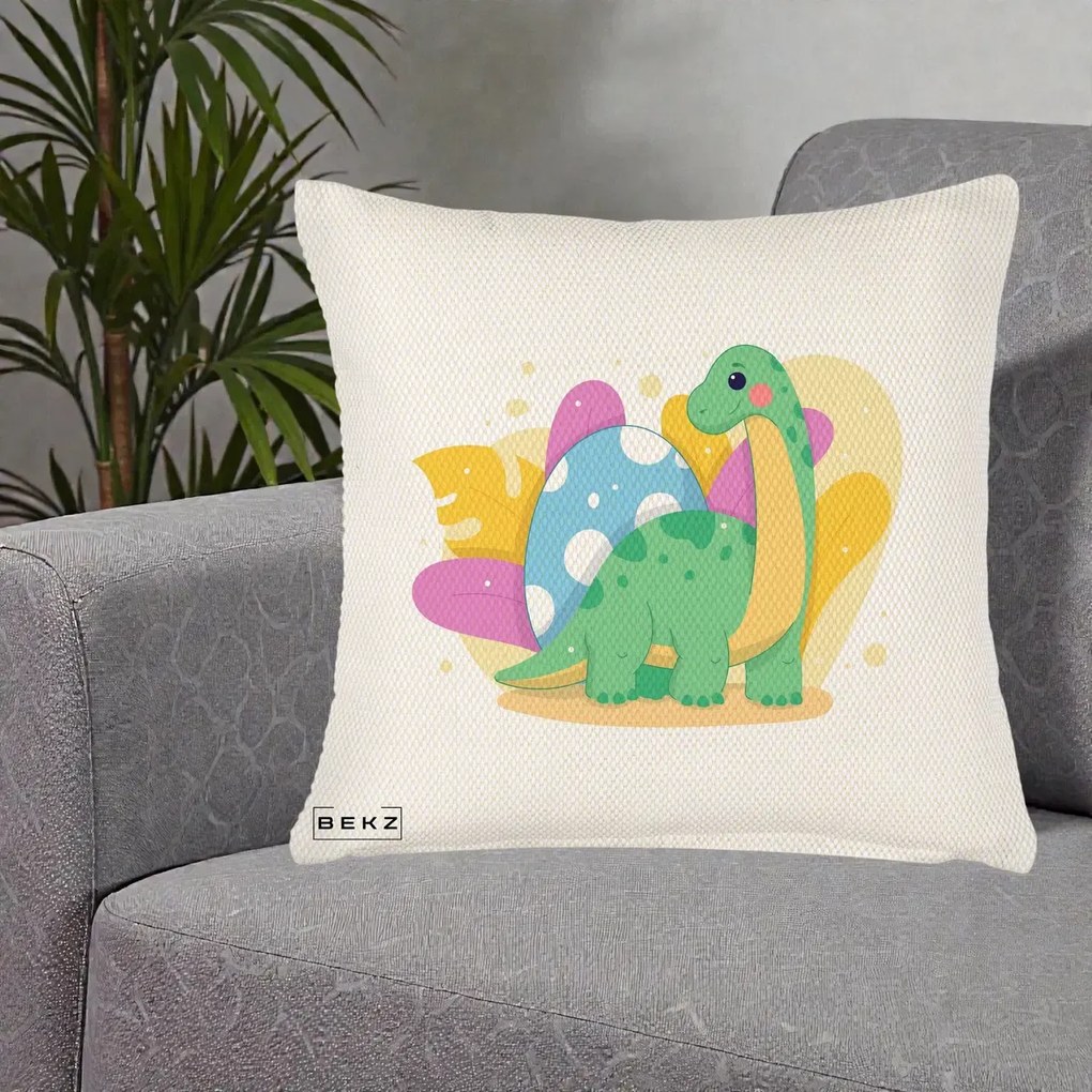Perna Personalizata Dinozaur cu Ou Pastelat, 40x40 cm, Crem Reliefat, Husa Detasabila, Perna Inclusa, BEKZ®
