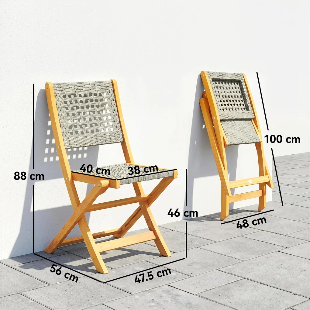 Outsunny Set de 2 Scaune de Grădină din Ratan PE, Scaune Pliabile de Exterior, Structură din Lemn de Salcâm, pentru Balcon, Terasă, Suport până la 160 kg, Gri | Aosom Romania