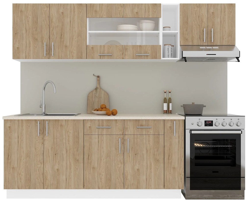 Set Bucatarie Karo V16, Lemn Natural/Alb, Blat Thermo 28 mm, L 240 cm
