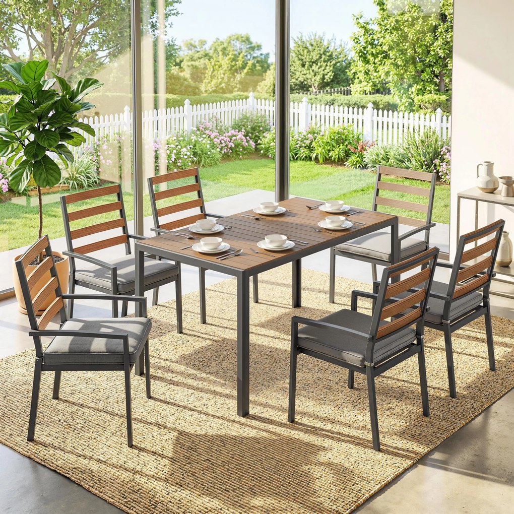 Outsunny Set mobilier grădină 7 piese, set cu 1 masă de dining, 6 scaune, perne, pentru terasă, lemn natural | Aosom Romania