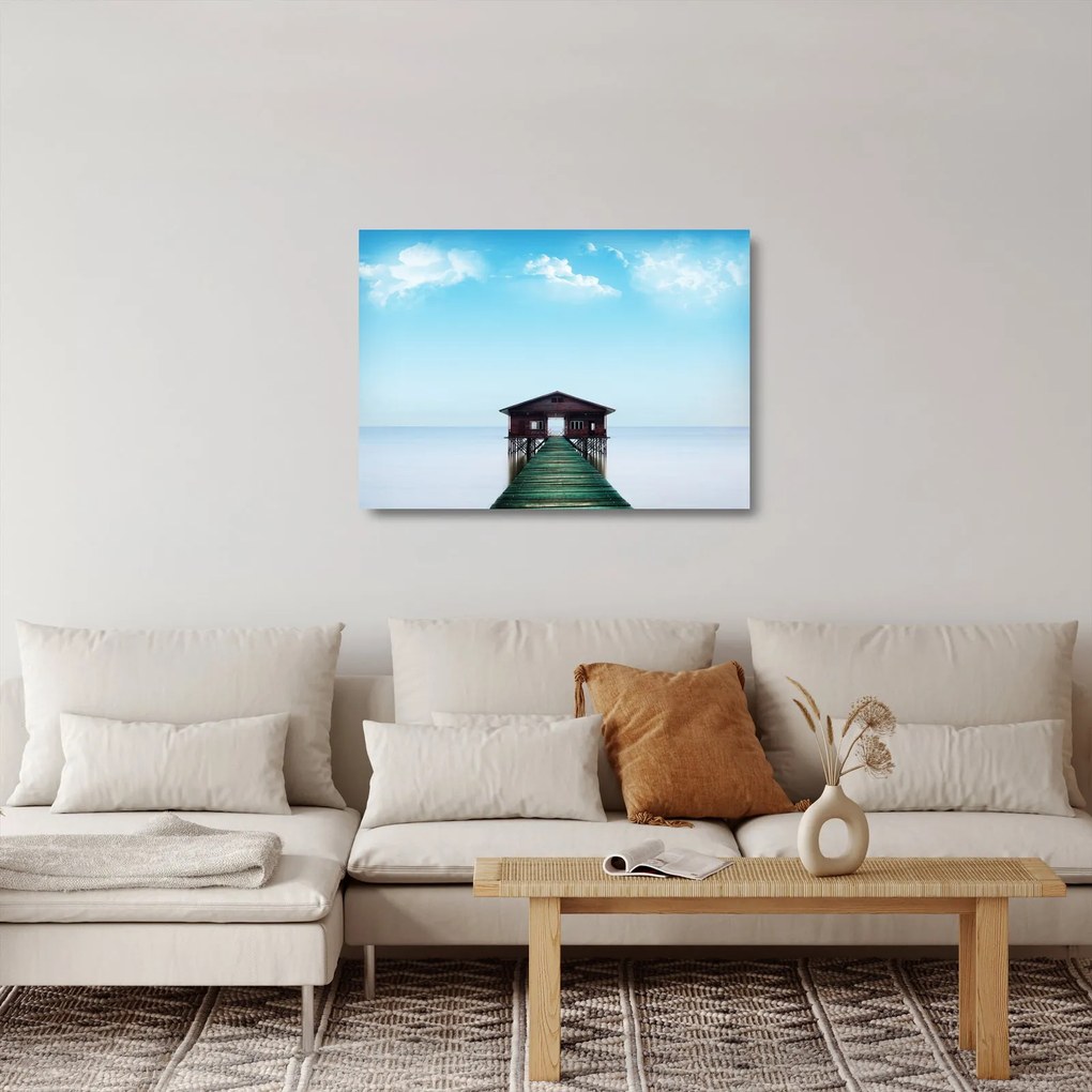 Tablou pe sticlă cu casă pe mare (70x50 cm)