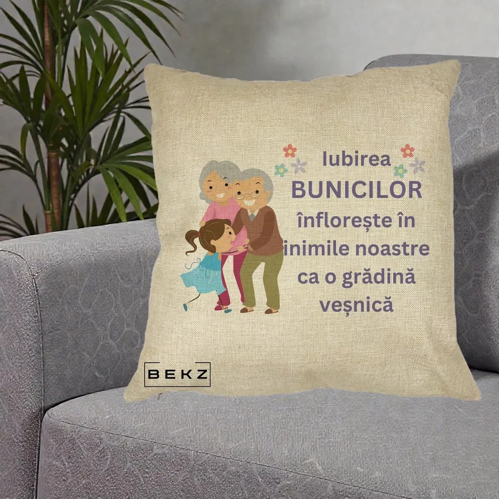 Cadou pentru Bunici - Perna Personalizata Bunicii Iubirea Infloreste Bunici cu Nepoata Colorat, 40x40 cm, Crem, Husa Detasabila, Perna Inclusa, BEKZ®