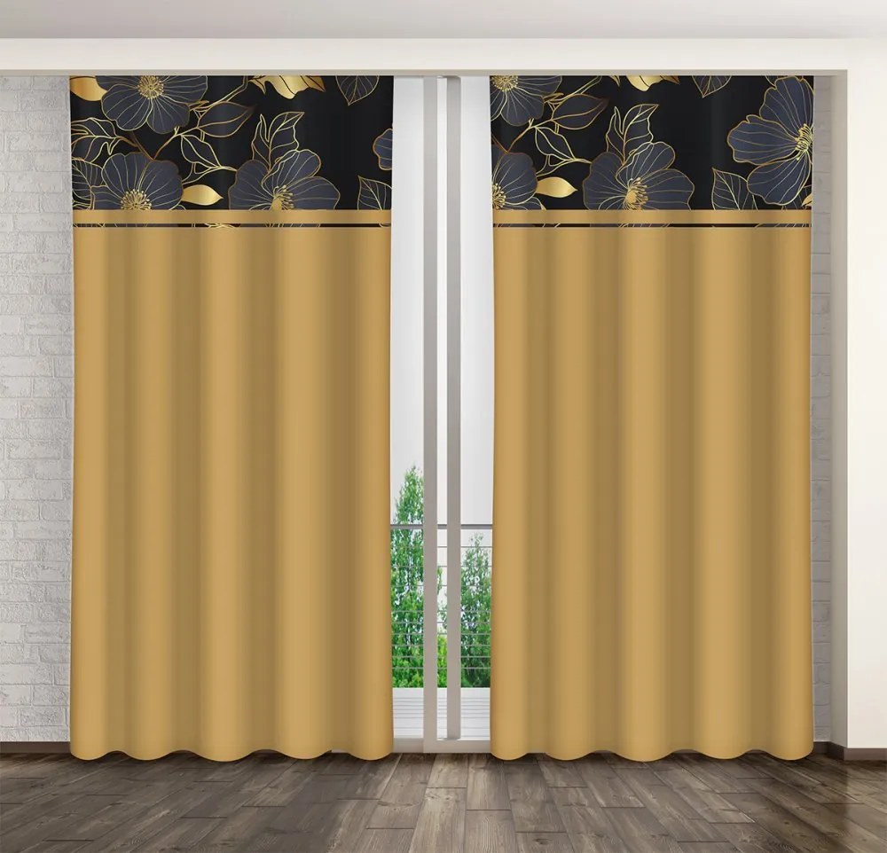 Draperie clasică maro-caramel cu imprimeu de flori aurii Lățime: 160 cm | Lungime: 250 cm