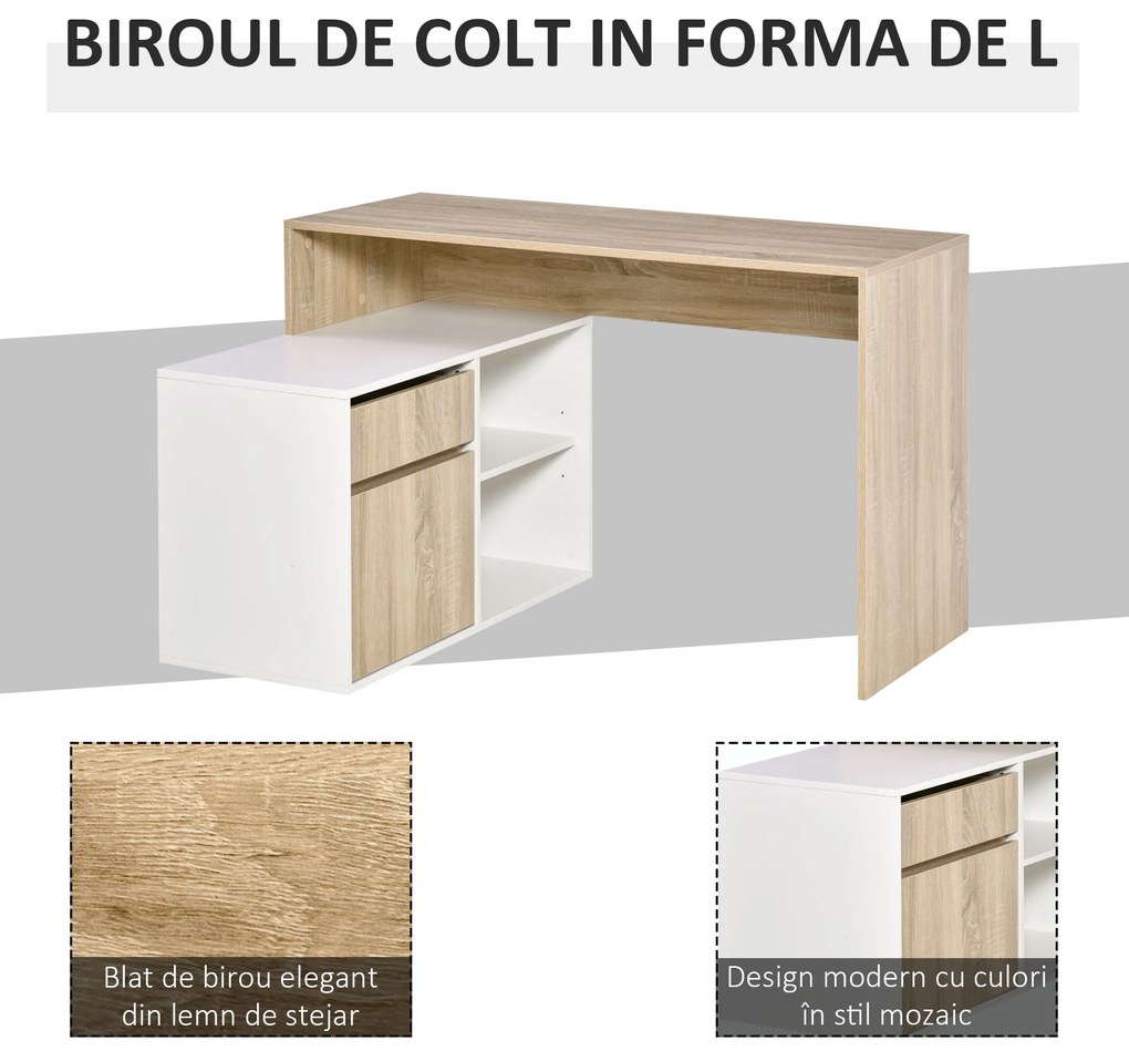 Birou unghiular din lemn cu un sertar, un dulapior si doua rafturi deschise, din PAL 120x92x75.5cm HOMCOM | Aosom Romania