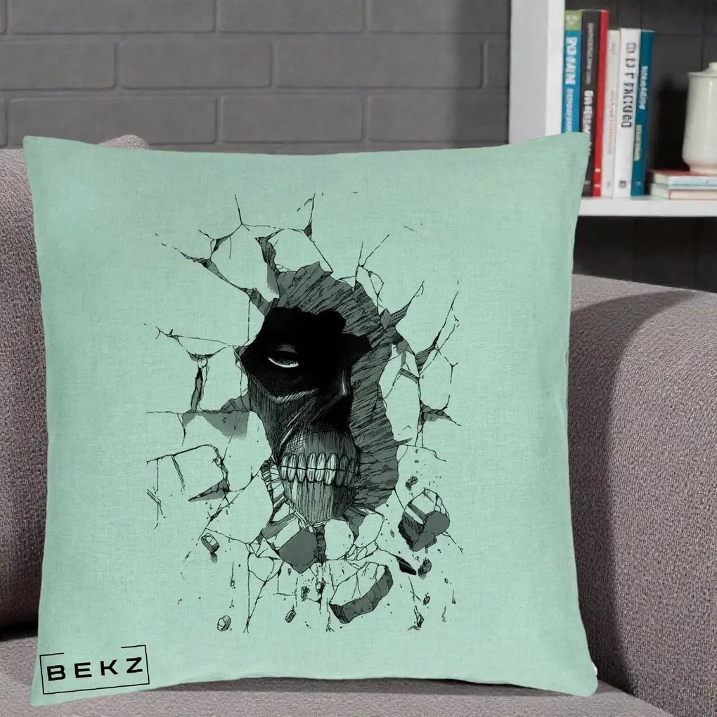 Perna Personalizata Attack on Titan Titan Crapand Zidul, 40x40 cm, Verde Menta, Husa Detasabila, Perna Inclusa, BEKZ®