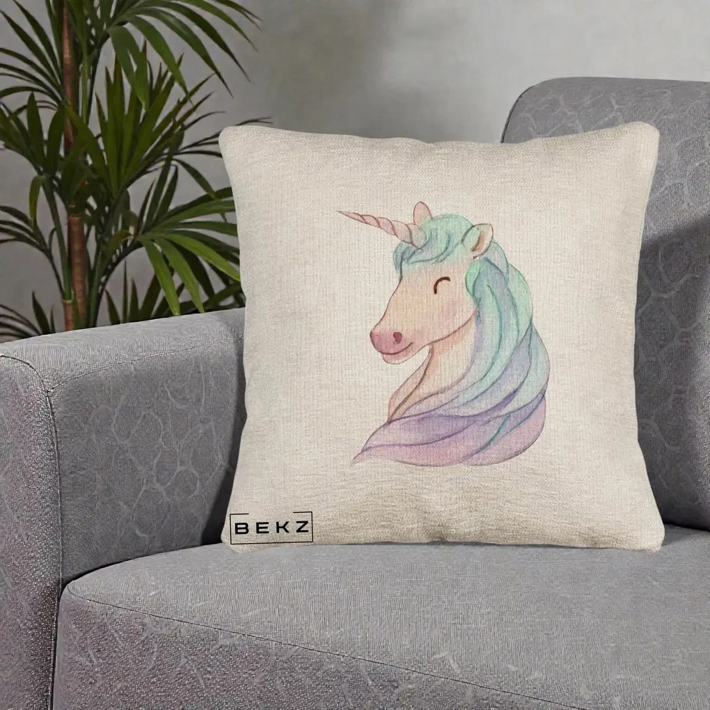 Perna Decorativa Unicorn Acuarela Pastel, 40x40 cm, Bej Canapea, Husa Detasabila, Perna Inclusa, BEKZ®