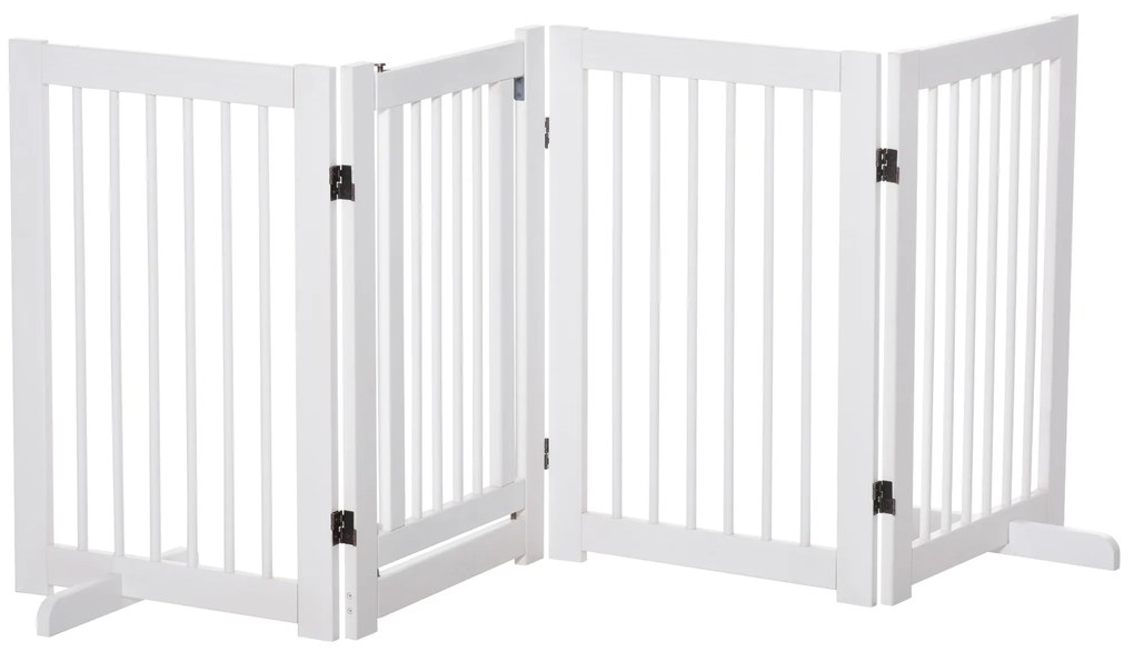 Grilă pentru câini PawHut cu picioare de susținere 204 x 75 cm din lemn, Grilă de protecție pentru câini cu uși pentru scări, uși, bucătărie, hol, 4 panouri, Alb | Aosom Romania