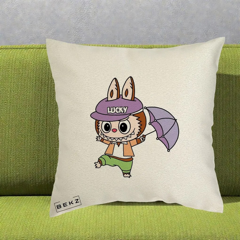 Perna Personalizata Labubu Lucky cu Umbrela, 40x40 cm, Ecru, Husa Detasabila, Perna Inclusa, BEKZ®
