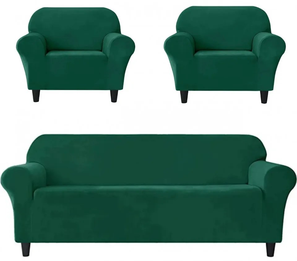 Set Huse Elastice din Catifea pentru Canapea 3 Locuri + 2 Fotolii, cu Brate, Verde, HCCJS-07