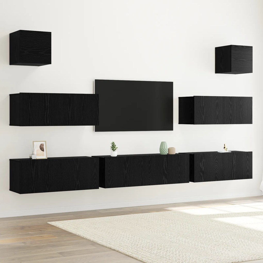 vidaXL Set cabinet TV de 7 piese montat pe perete din lemn stratificat stejar negru