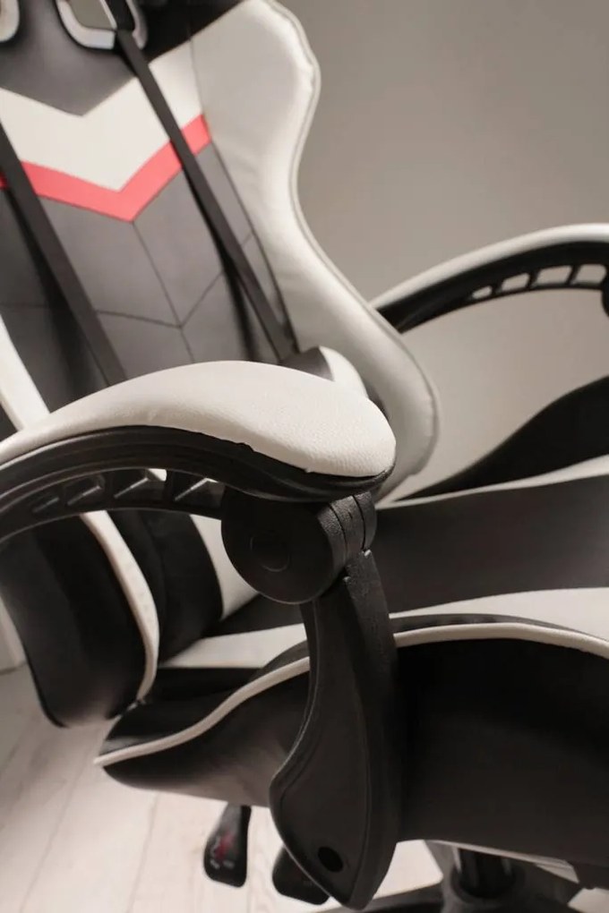 JAKS PREMIUM SCAUN GAMING REGLABIL ECO - PIELE NEGRU-ALB + PERNĂ DE MASAJ