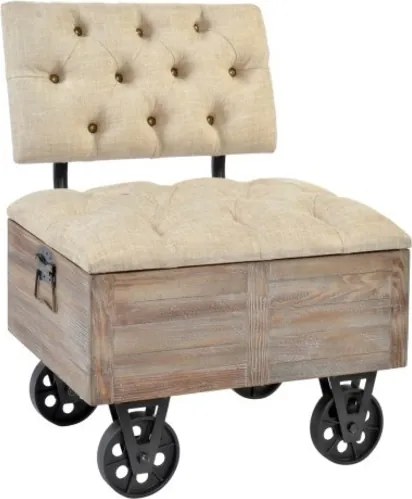 Bancă hol vintage din lemn și stofă bej, cu spațiu de depozitare și spătar, pe roți, 77 x 61 x 51 cm, „Wheel”