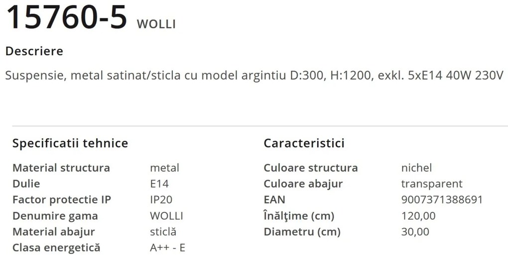 Lustra moderna cu 5 pendule WOLLI nichel/transparent 15760-5 GL