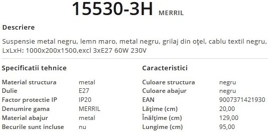 Lustra cu 3 pendule design modern MERRIL lemn 15530-3H GL