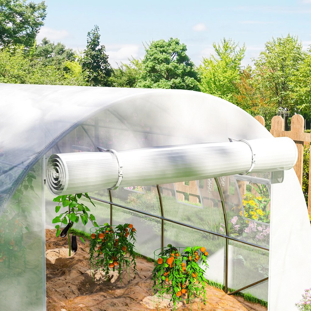 Outsunny Folie de schimb seră tunnel 12 m² 4 x 3 x 2 m PE anti-UV impermeabilă 8 ferestre + ușă înfășurabilă cu fermoar alb | Aosom Romania