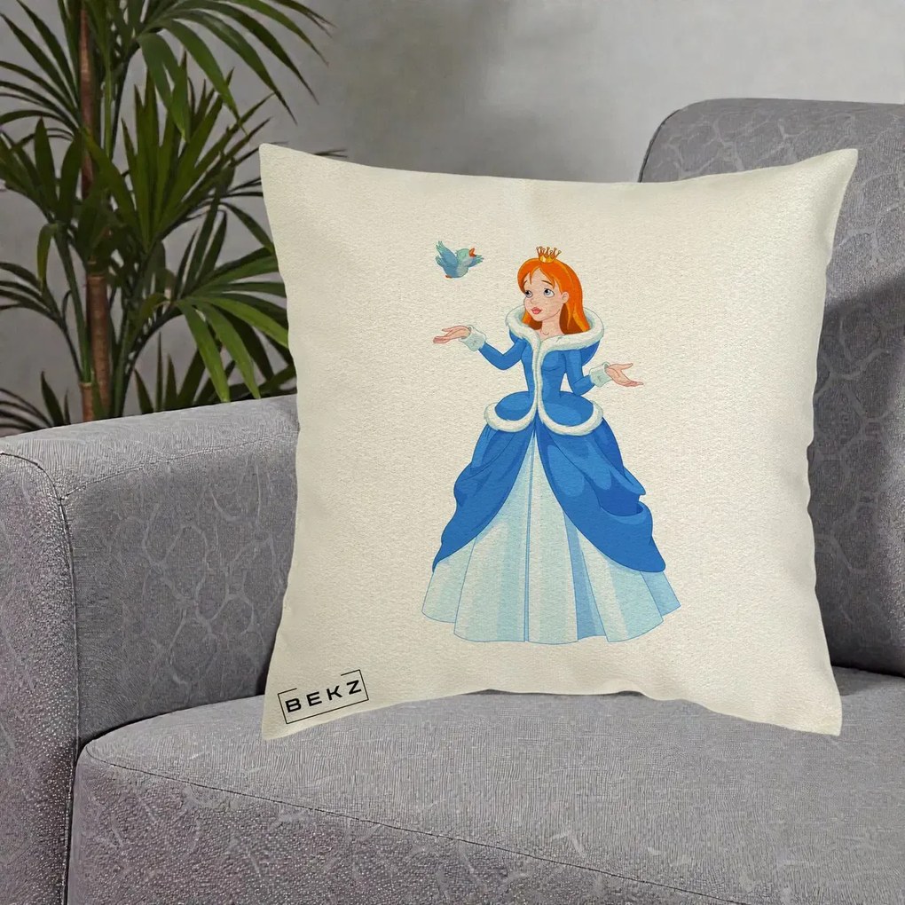 Perna Personalizata Printesa Albastra cu Pasare, 40x40 cm, Ecru, Husa Detasabila, Perna Inclusa, BEKZ®