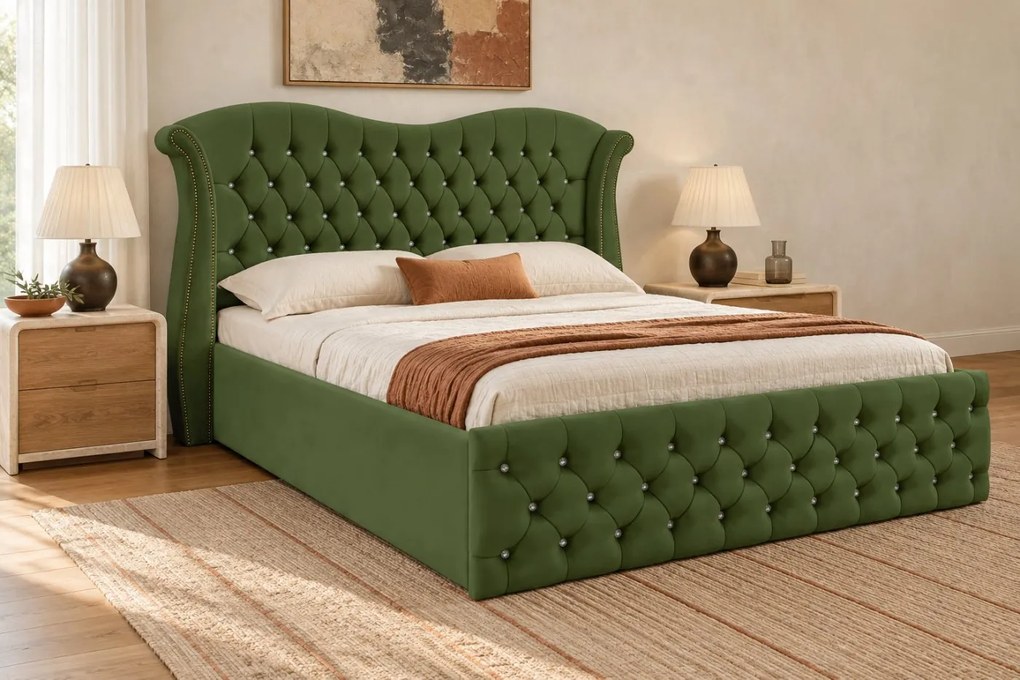 Pat tapițat Chesterfield Avella 160×200 cm, kaki, cu ladă de depozitare