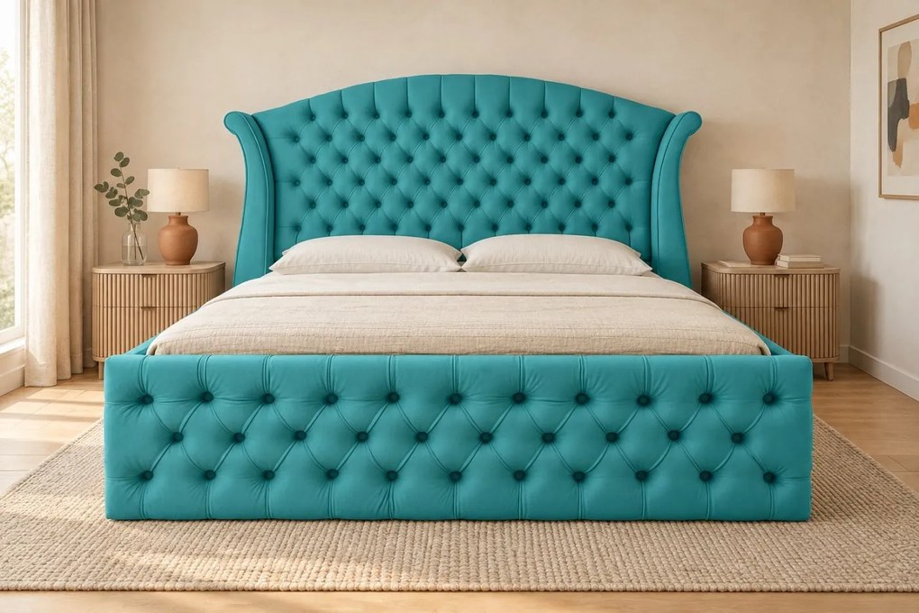 Pat tapițat Chesterfield din catifea Sorella Simple 160×200 cm, albastru deschis, cu ladă de depozitare