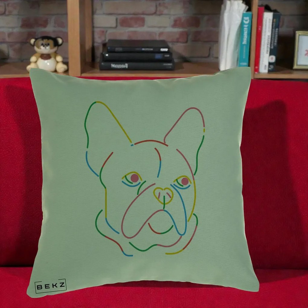 Perna Decorativa Bulldog Francez Line Art Curcubeu, 40x40 cm, Verde, Husa Detasabila, Perna Inclusa, BEKZ®