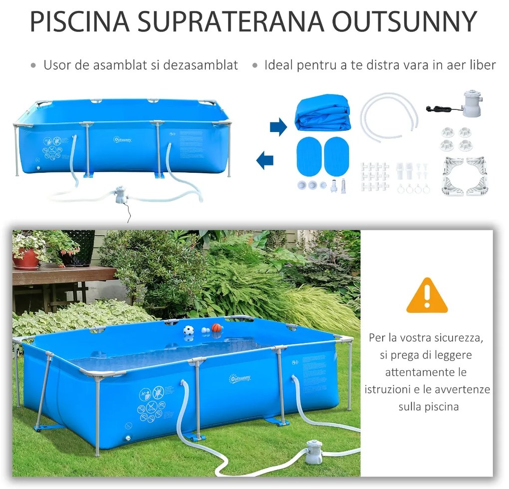 Outsunny Piscină Supraterană cu Filtru și Supapă din Oțel/PVC 292x190x75cm Albastru Perfectă pentru Adulți și Copii în Grădină | Aosom Romania