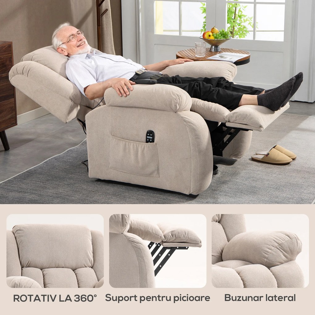 HOMCOM Fotoliu de Ridicare și Înclinare cu 2 Buzunare și Telecomandă, Bej | Aosom Romania