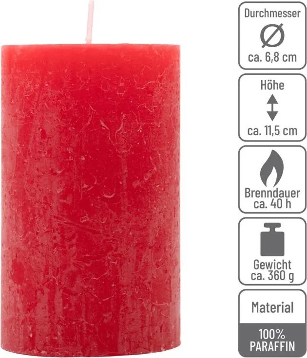 Set de lumânări rustice, 11,5 cm, Ø 6,8 cm, roșu, 12 buc