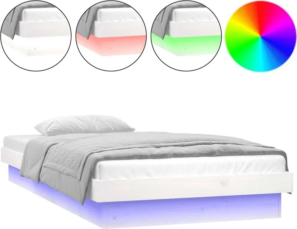 vidaXL Cadru de pat cu LED mic single, alb, 75x190 cm, lemn masiv