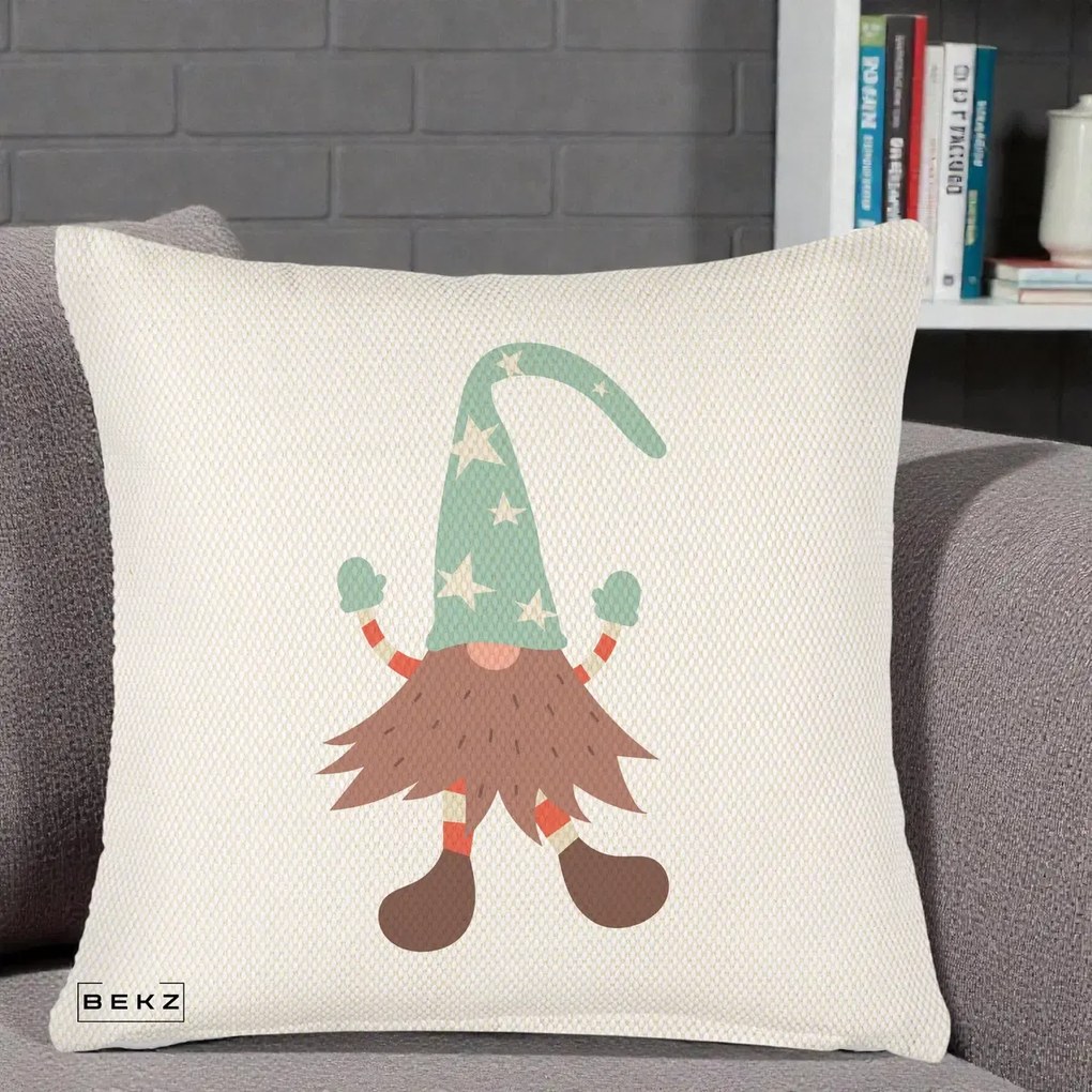 Perna Decorativa Pitic Gnom Nordic cu Cadou Menta, 40x40 cm, Crem Reliefat, Husa Detasabila, Perna Inclusa, BEKZ®