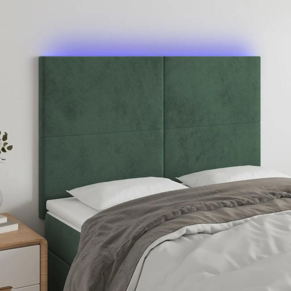 3122195 vidaXL Tăblie de pat cu LED, verde închis, 144x5x118/128 cm, catifea