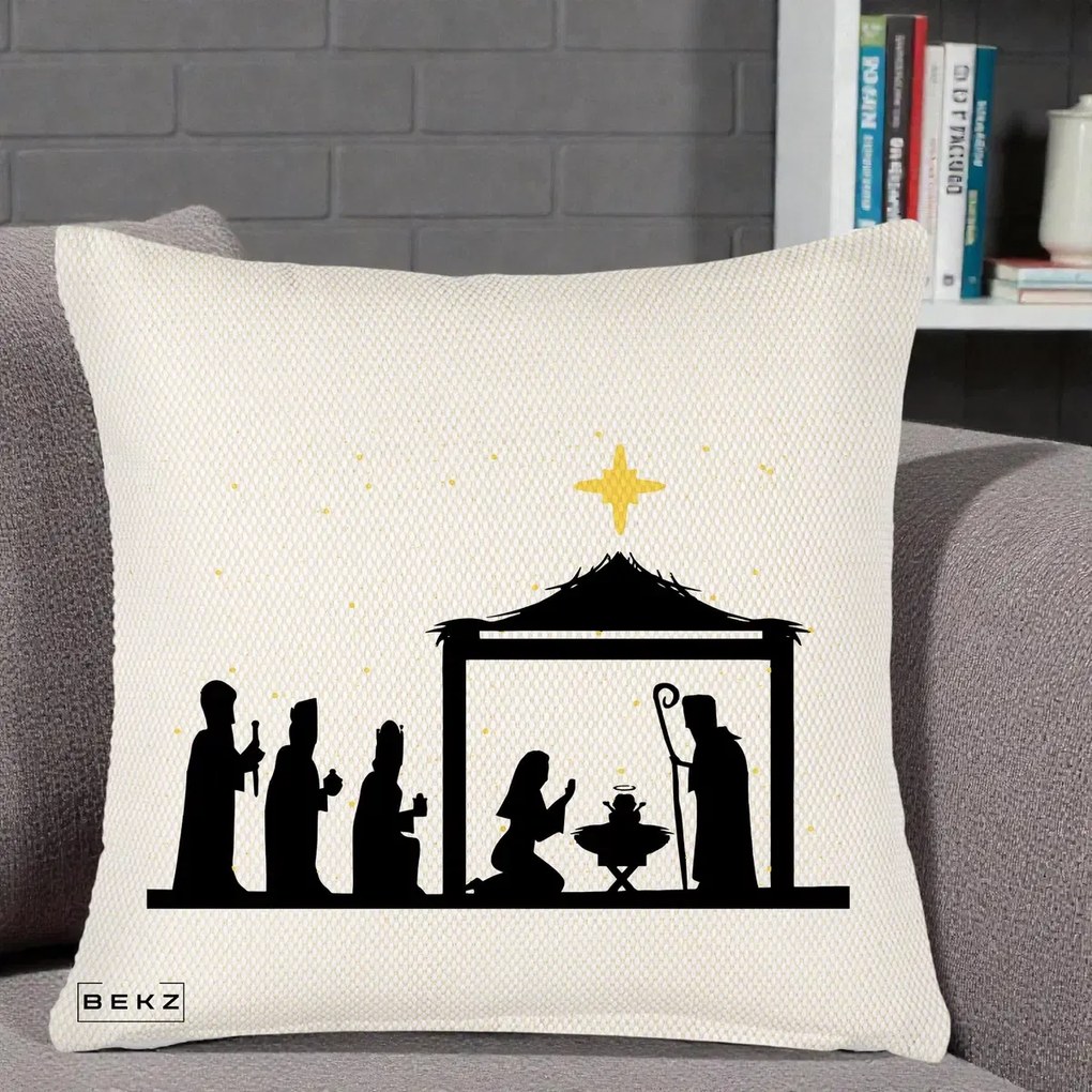 Perna Decorativa Nasterea Pruncului Silueta Neagra si Stea Aurie, 40x40 cm, Crem Reliefat, Husa Detasabila, Perna Inclusa, BEKZ®
