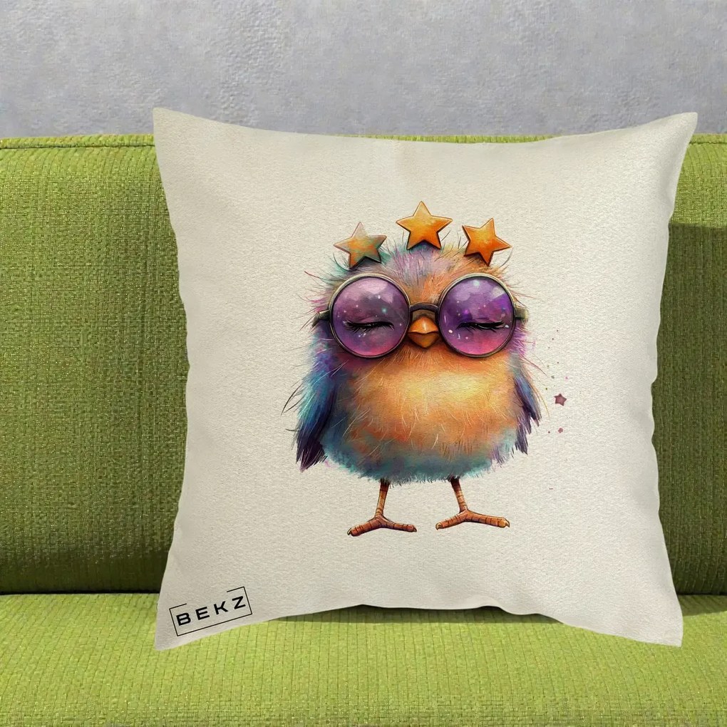 Perna Decorativa Pui Pop Star cu Ochelari Stele Violet, 40x40 cm, Ecru, Husa Detasabila, Perna Inclusa, BEKZ®