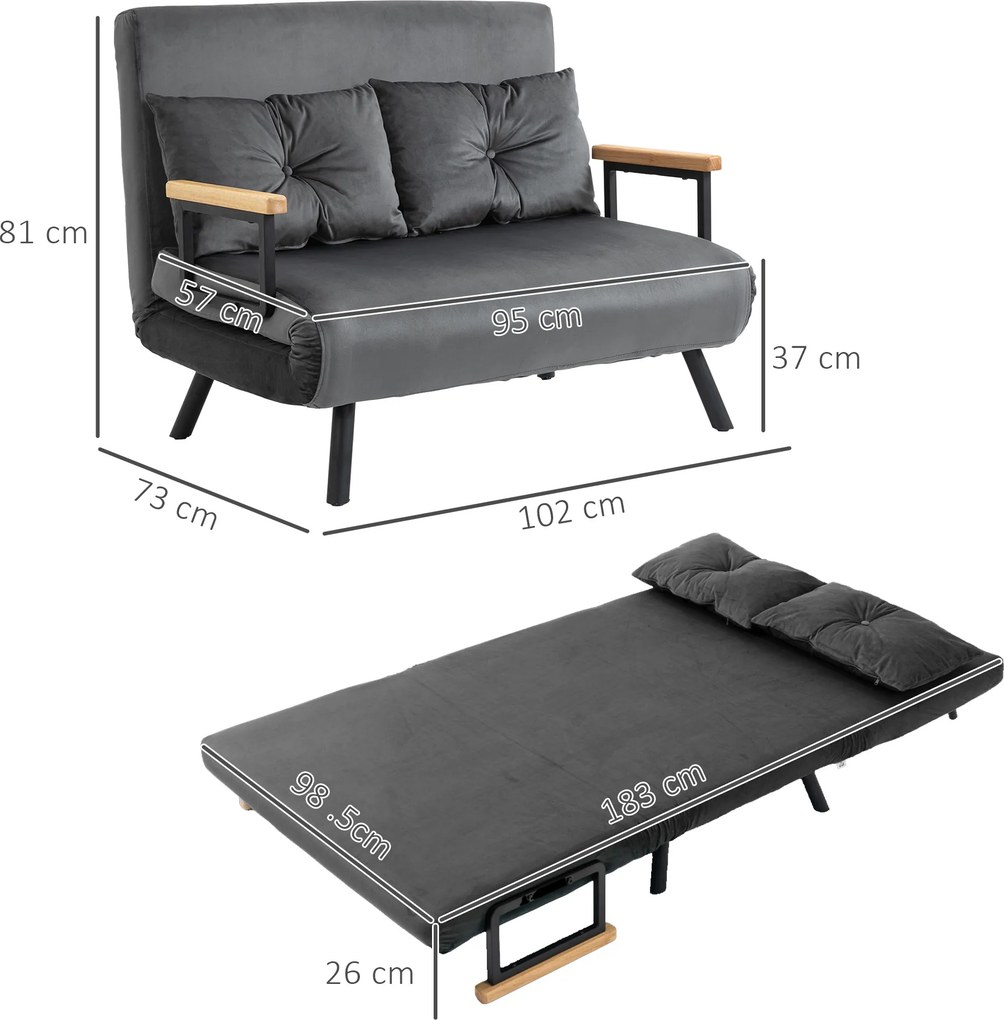 HOMCOM Canapea Pat de 2 Locuri cu Spătar Reglabil pe 5 Nivele și 2 Perne din Material Capitonat, 102x73x81 cm, Gri Închis | Aosom Romania